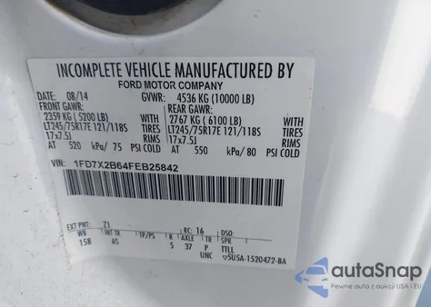 2015 Ford F-250 Xl from USA, damaged, VIN 1FD7X2B64FEB25842